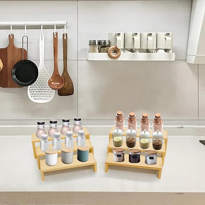 Display Wood Risers Wooden Stand 3 Tier Wood Racks Decorative Rectangular, 2 Set 6 Piece Cupcake Stands Cologne Perfume Organizer Dessert Showcase(Nature)