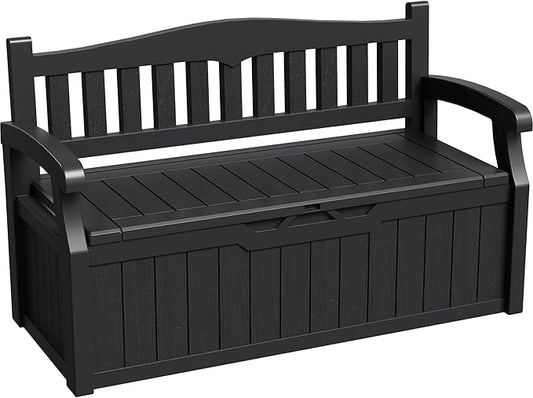 Greesum 80 Gallon Storage Bench Outdoor Deck Box with Armrest, Patio Furniture,Lockable, Waterproof and UV Resistant, Suitable for Garden, Pool, Black