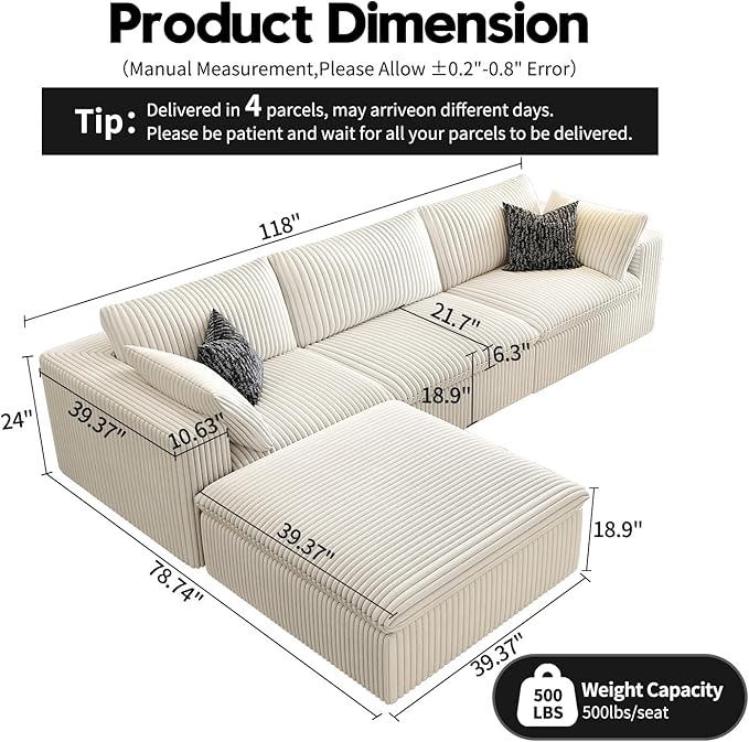 118" Cloud Couch Modular Sectional Sofa for Living Room,Modern Sofa with Deep Seat，L-Shape Boneless Couch with Ottoman,Comfy Upholstered Corduroy Couches for Apartment, Studio, Office,Bedroom，White
