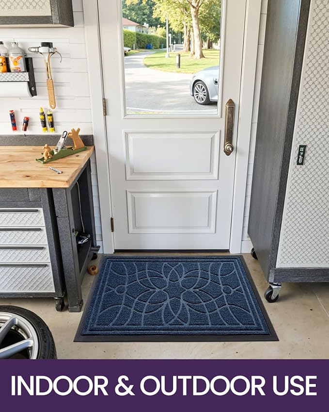 DEXI Front Door Mat Outside Entrance, Heavy Duty Non Slip Low Profile Doormat for Entryway, Trap Dirt and Moisture Welcome Mats, Easy Clean, Patio, Garage, 5x3, Blue