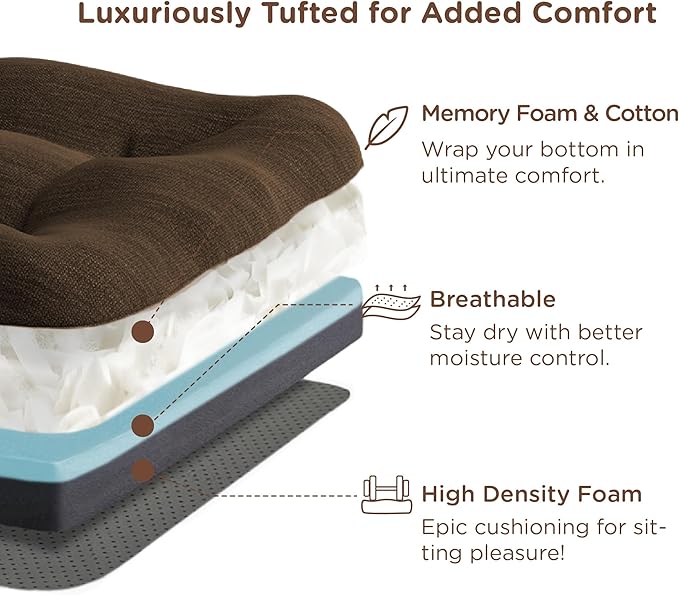 Codi Dining Chair Cushions 2 Pack, Thick Chairs Pads for Indoor Kitchen Room - Washable, Non-Slip Memory Foam Seat Cushion with Ties, 16.5"x16.5"x 3.5", Set of 2, Brown