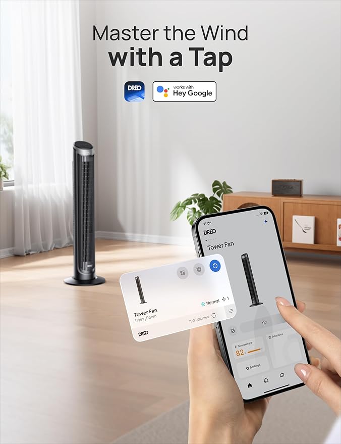 Dreo Smart Tower Fan for Bedroom, 90° Oscillating 40" Standing Fan, 26ft/s High-Speed 5 Speeds 4 Modes, Quiet Room Floor Fans, Touch/Remote/APP & Voice Control, Work with Alexa, 12H Timer, Silver