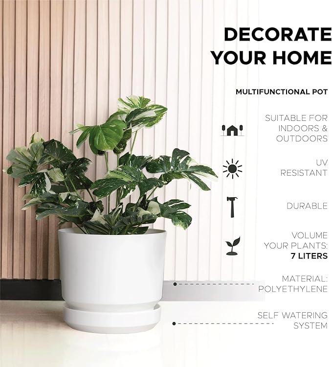 Elly Décor 8 inch Plastic Cylinder Planter Pot with Self-Watering Saucer and Drainage Hole,Lightweight & Extremely Durable, 8"x 8", White