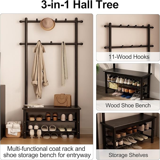 Coat Rack with Shoe Storage, Wooden Hall Tree with Bench, 11 Hooks and 2-Tier Storage Shelves, 3-in-1, Entryway Bench with Coat Rack (31.5"-Deep Black)