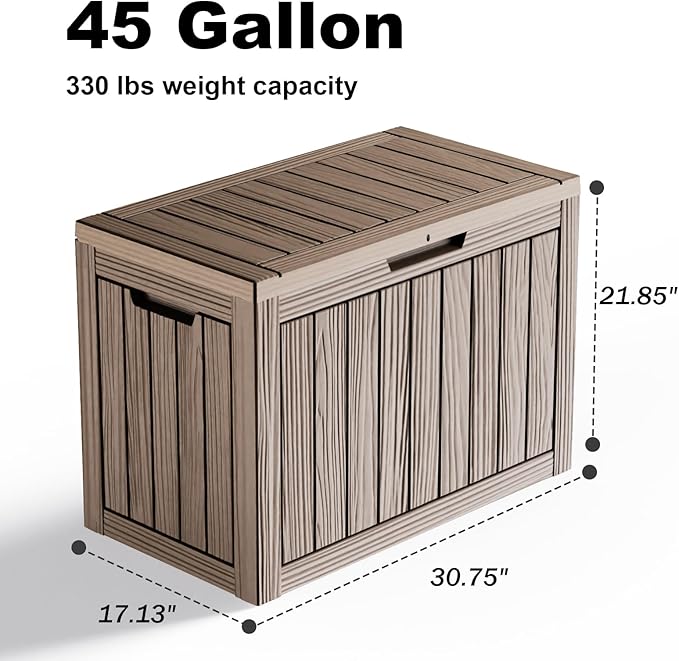 45 Gallon Deck Box Large Outdoor Storage for Patio Furniture,Outdoor Cushions,Garden Tools and Pool Supplies,Waterproof,Resin,Lockable(Grey)
