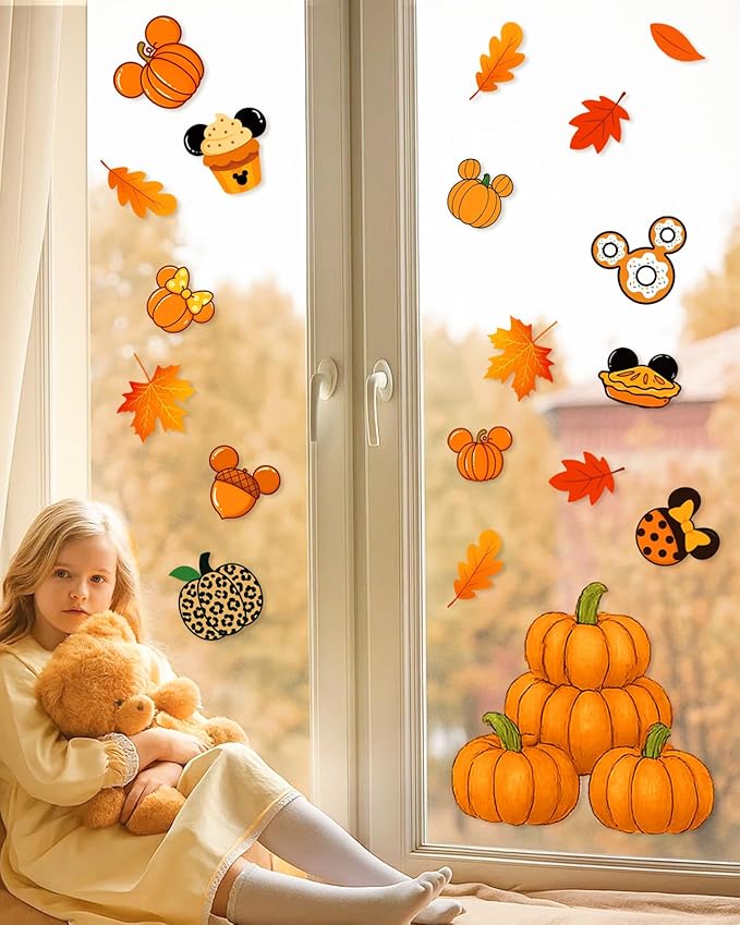 Fall Window Clings - 9 Sheets 149 Pcs Fall Decorations for Autumn Thanksgiving Harvest Home Party, Pumpkin Leaves Car Maple Castle Acorns Stickers for Glass, Double-Sided Static Window Decals