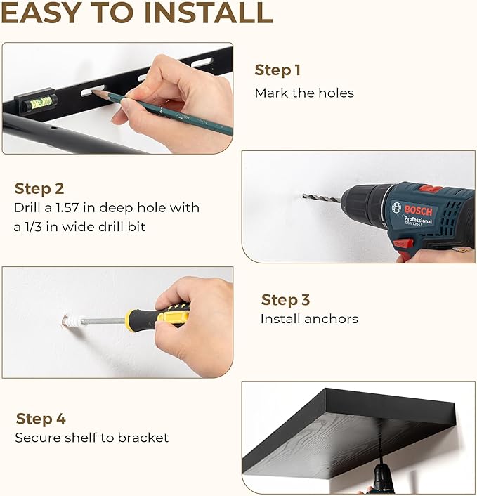 Dreamland 40 Inches Floating Shelves for Wall, 9.3" Deep Long Floating Shelves Set of 2, Large Display & Storage Shelf, Wall Shelf for Bathroom Bedroom Living Room Kitchen Office, Black