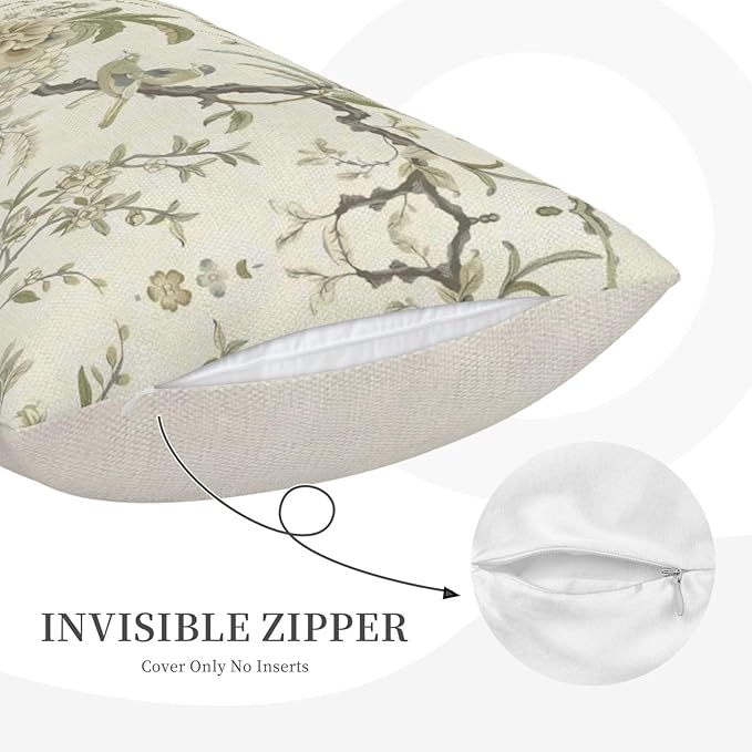 CXMEIFLY Spring Floral Birds Pillow Covers 12 x 20 Inch Set of 2 for Chinoiserie Flowers Decor Throw Pillows Sage Green Plant Outdoor Decorative Cushion Cases for Couch Bed Decorations