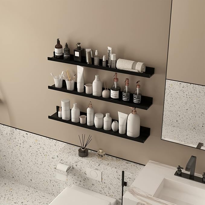 Giftgarden 36 Inch Black Floating Shelves for Wall Woodgrain Picture Ledge Large Photo Shelf for Bedroom Living Room Kitchen Bathroom Storage Shelving, Set of 3 Different Sizes