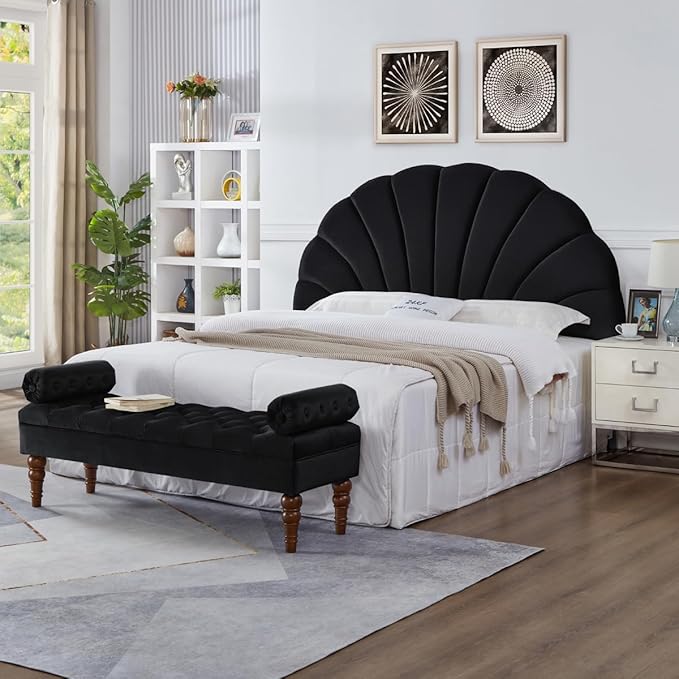 24KF Stunning Crown Design King Headboard, Upholstered Soft Velvet Petal Pattern Headboard King/CA King-Black