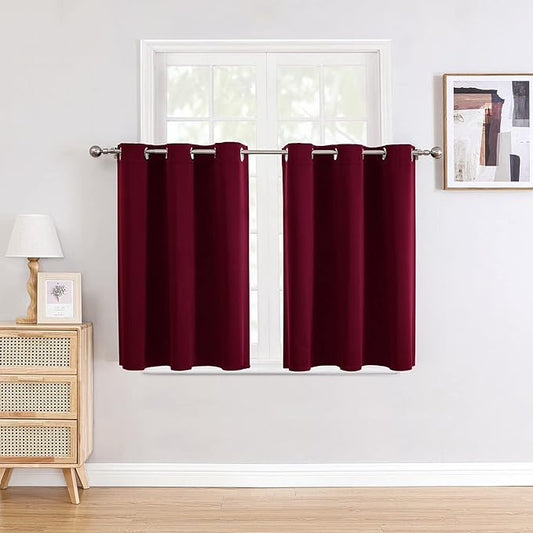 ChrisDowa Small Window Curtains for Kitchen and Bedroom - Grommet Short Thermal Insulated Room Darkening Curtains (2 Panels, Burgundy Red, 52 x 36 Inch)