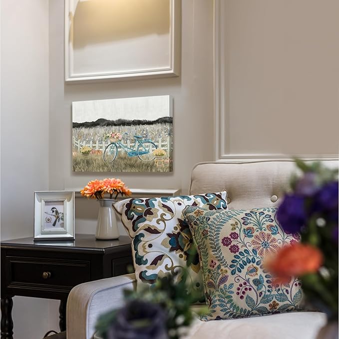 Farmhouse Decor Bathroom Fall Wall Art Vintage Boho Landscape Nature Canvas Picture Mountains, Bicycle Lavender Flowers Floral Neutral Small Artwork for Modern Organnic Country Rustic Cottagecore Bedroom