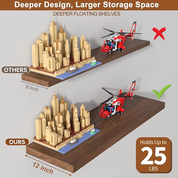 48 Inch Floating Shelf 2 Pack Large Floating Shelves for Wall No Drilling Accessories Included Deep Wall Shelves for Living Room Kitchen Farmhouse 48" W x 12" D x 1.2" Walnut