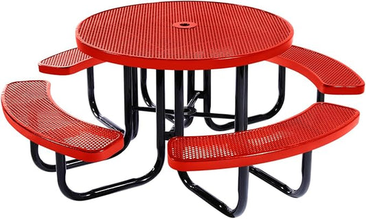 Coated Outdoor Furniture Heavy-Duty Portable Outdoor Picnic Table with Umbrella Hole, Punched Steel Commercial-Grade Patio Dining Furniture Made in America (46" Round Top, Red)