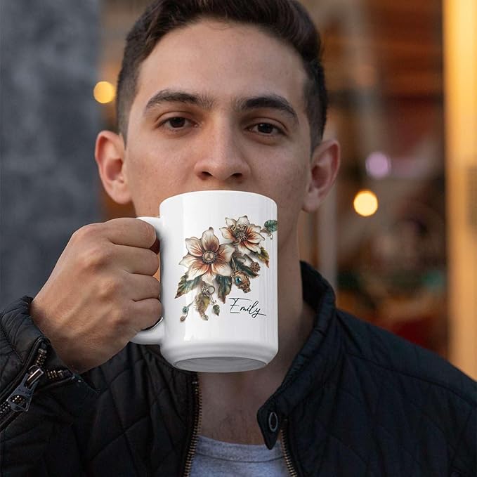 Customized Name Coffee Cup, Custom Steampunk Floral Design Cup, Personalized Flower Lover Ceramic Cup 11oz, White Mug Gift For Floral Enthusiasts, Steampunk Flower Cup For Birthday