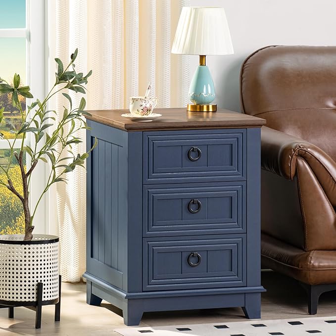 18" Farmhouse Night Stand with 3 Drawers, Wood End Table Dresser for Bedroom, Navy Blue Nightstand, Bed Side Table with Metal Handle, Bedside Cabinet for Bedroom Living Room, Closet
