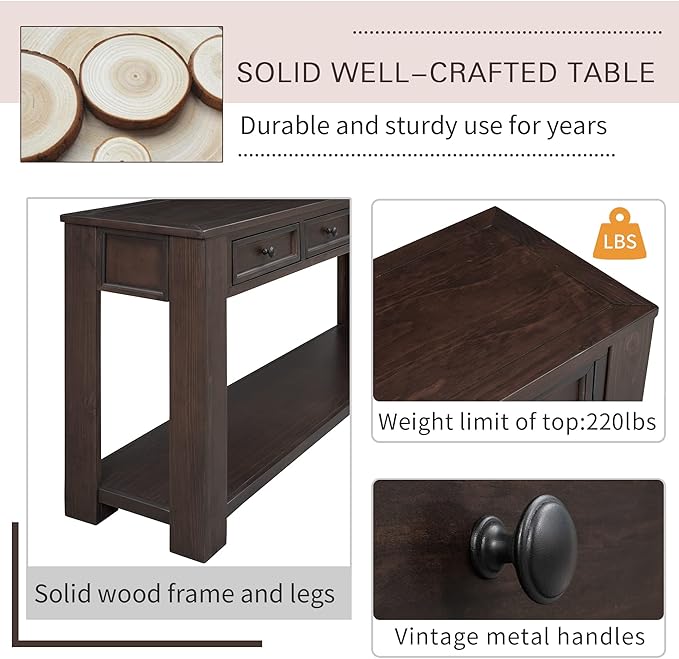 63" Solid Wood Console Table Sofa Table with Storage Drawers and Bottom Shelf,Farmhouse Entryway Table for Hallway Foyer,Sofa Couch Table,Fully Assembled (63" Espresso)