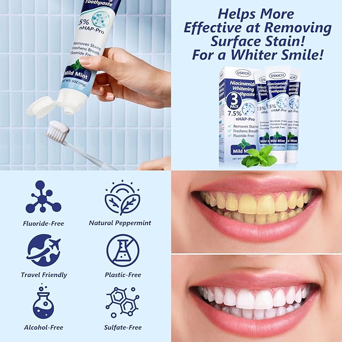 3 Pack Whitening Toothpaste,Fresh Breath Nano Hydroxyapatite Toothpaste for Remineralizing Enamel & Sensitive Relief,Whitening,Antiplaque,Natural Peppermint,Fluoride-Free