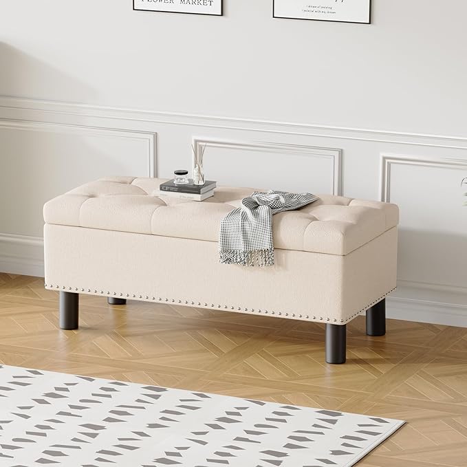 Furniliving 42” Ottoman Bench with Storage, Folding Storage Ottoman Benches with Wood Legs, Upholstered Bedroom Bench with Button-Tufted, Entryway Bench for Bedroom, Linen, Beige