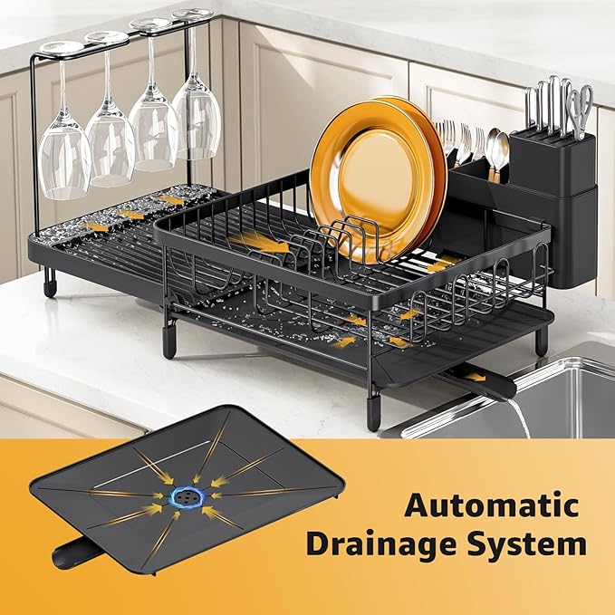 Dish Drying Rack for Kitchen Counter, Expandable Large Capacity Dish Rack with Drainboard, Wine Glasses Holder, Space Saving Organizer, Black