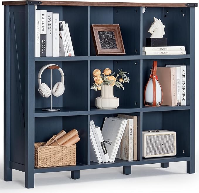 9 Cube Bookcase, Farmhouse 47 Inch Wide Navy Blue Bookshelf, Wooden 3 Tier Display Large Open Book Shelf, Vintage Horizontal Book Case for Home Office, Cubby Storage Cabinet for Living Room