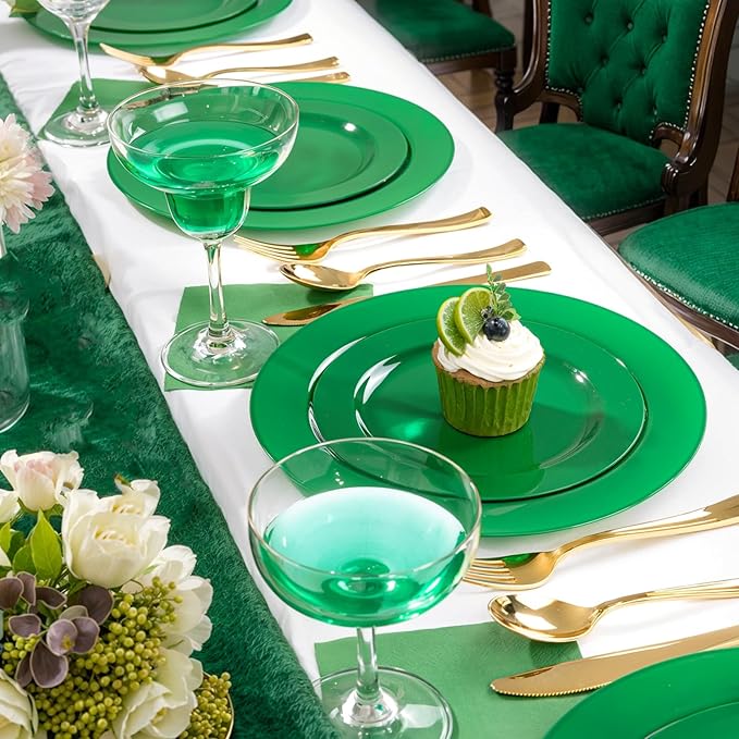 FLOWERCAT 60PCS Green Plates & St. Patrick's Day Plates - Heavy Duty Dark Green plates Disposable for St. Patrick's Party&Super Bowl- Include 30PCS 10.25" Dinner Plates & 30PCS 7.5" Dessert Plates
