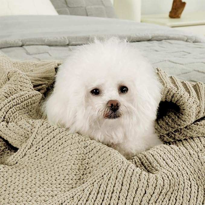 Amélie Home Chenille Knit Throw Blanket for Couch, Chevron Texture Decorative Soft Blanket for Sofa, Bed & Chair, 60"x80", Beige