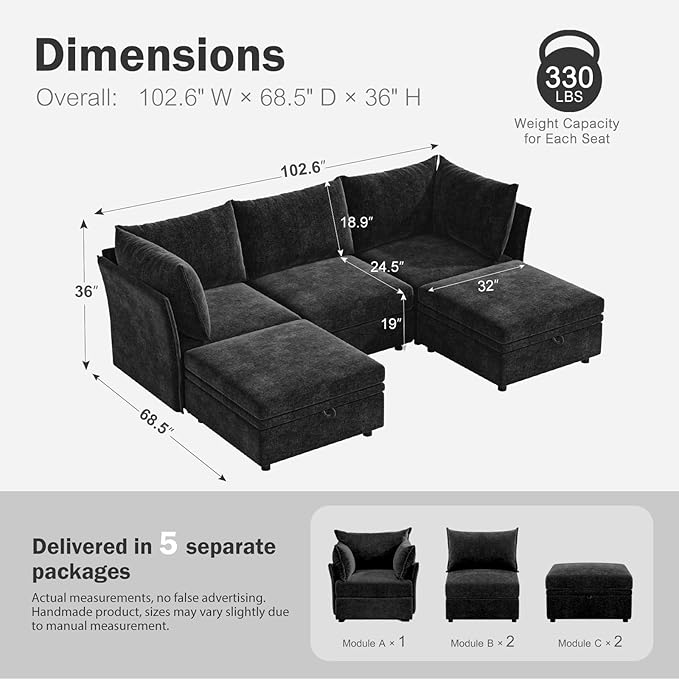102.6" U Shaped Modular Sectional Sofa, 5 Seater Couch with Storage Ottoman Deep Seat and High Backrest with Removable Cover for Living Room, Apartment - Chenille Black