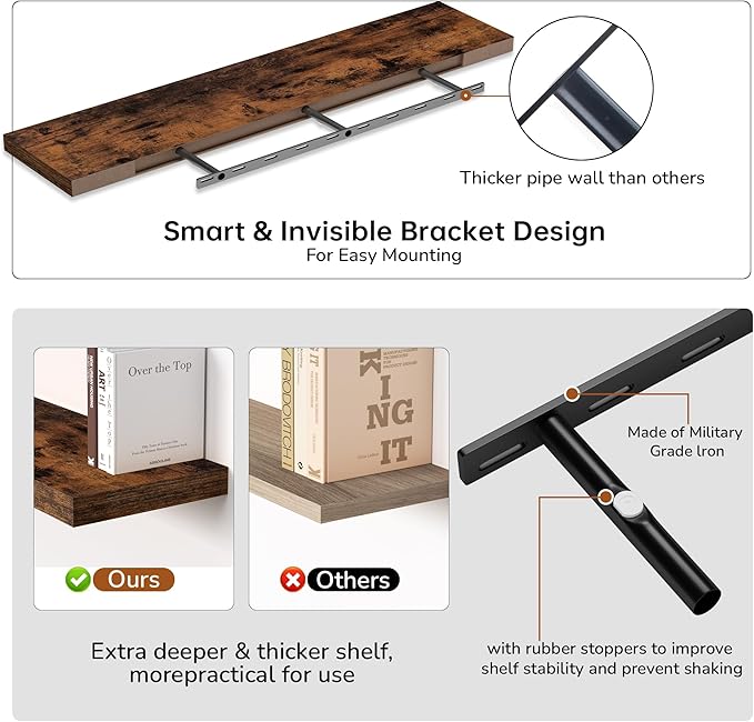 Fun Memories 55 Inch Floating Shelves - 9 Inch Deep Rustic Wooden Wall Shelves - Extra Deeper & Thicker Wall Mounted Storage Shelf for Living Room, Kitchen, Farmhouse - 55" W x 9" D x 1.8" H - Brown