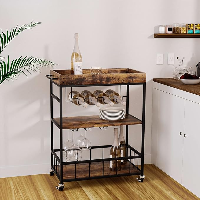 Bar Cart Serving Wine 3 Tier Home Rolling Rack with Wheels Mobile Kitchen Industrial Vintage Style Wood Metal Serving Trolley Serving Cart,Glass Holder Bar Cabinet