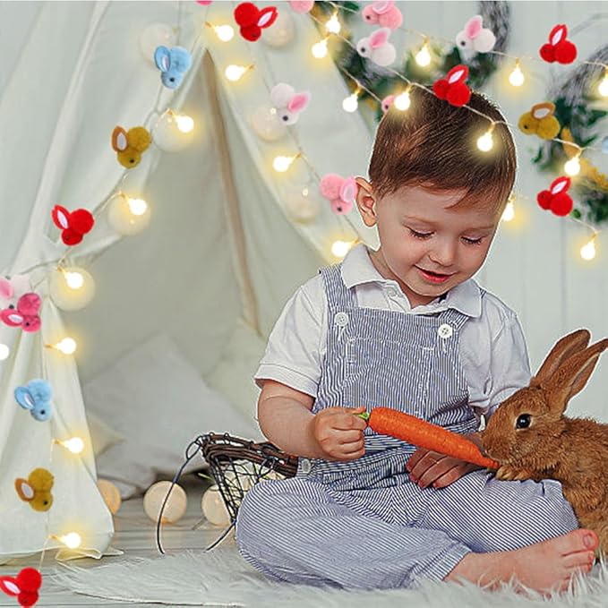 9.85Ft Easter Decor String Lights with Timer 20 Rabbit Shaped Pompoms 20 Ball LED Garland Battery Operated Easter Decorations Bunny Lights for Home Party Kids Room Bedroom Birthday Wedding Indoor