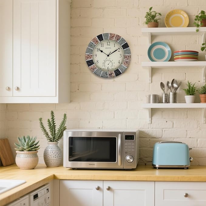 eYotto 10 Inch Small Indoor/Outdoor Waterproof Wall Clock with Thermometer Silent Non-Ticking Battery Operated Wall Clocks Weatherproof for Patio, Pool, Garden, Lanai, Fence, Porch, Deck, Bathroom