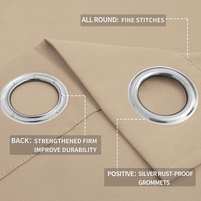 Easy-Going Blackout Curtains for Bedroom, Solid Thermal Insulated Grommet and Noise Reduction Window Drapes, Room Darkening Curtains for Living Room, 2 Panels (52x96 in,Beige)