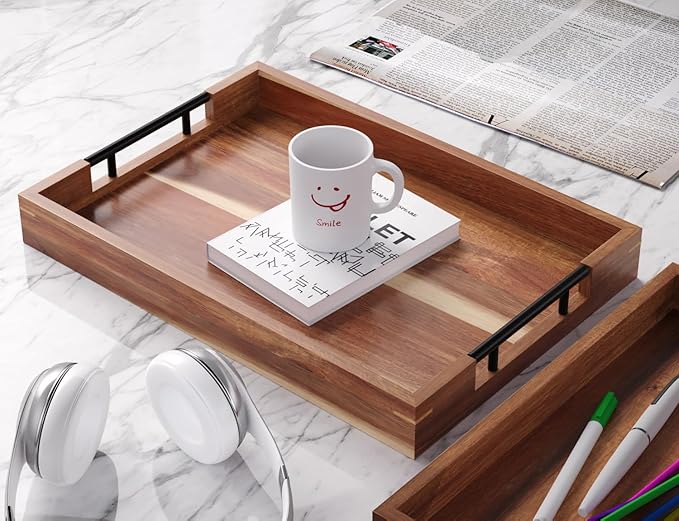 Acacia Wood Set of 2 Serving Tray with Metal Handles,Ottoman Decorative Trays Platter for Coffee Table,Living Room,Bar,Party