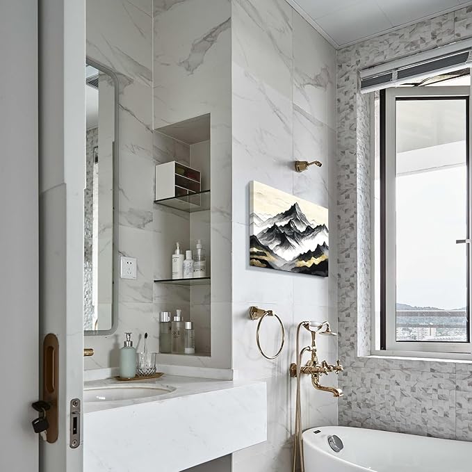 amatop Black and White Mountain Wall Art – Minimalist Modern Landscape Canvas Print Nature Scene Picture Bathroom Bedroom Office Wall Decor, Small Tranquil Misty Hills Zen Artwork for men, 16x12 Inch