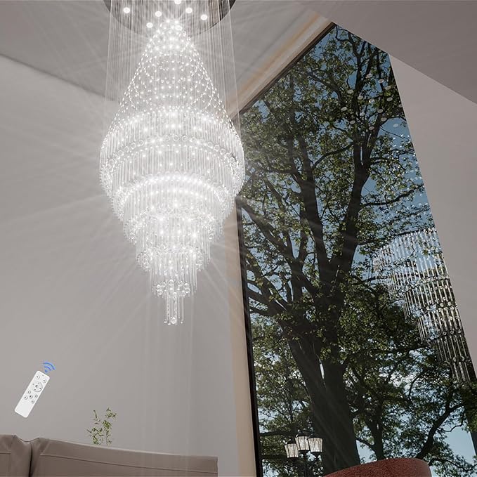 Flashing God D48''X H120''High Ceiling Chandelier Crystal Raindrop Chandeliers Large Villa Chandelier Entrance Foyer Hight Ceiling Lighting LED Dimmable 2700K-4500K-6000K 24 LED Bulbs Include