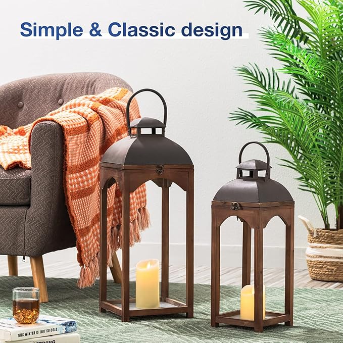 Glitzhome Set of 2 Mondern Farmhouse Wooden Lantern Hanging Decorative Candle Lanterns for Outdoor & Indoor Brown (No Glass)