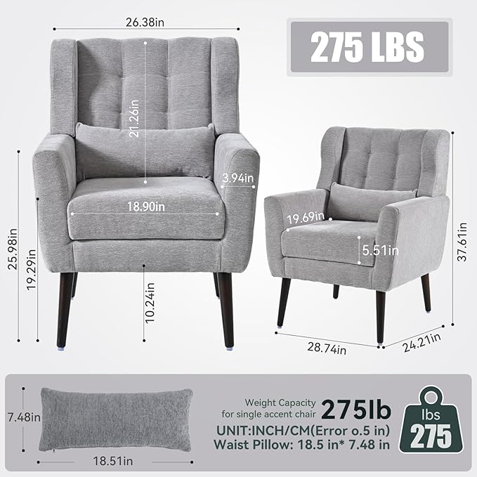 Accent Chair Set of 2, Upholstered Armchair with Pillow, Fabric Single Sofa Chair with Lounge Seat and Wood Legs Accent Chair for Living Room Small Spaces (Grey, Set of 2)
