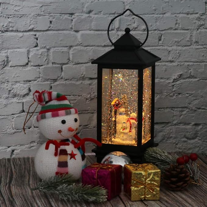 Eldnacele Christmas Snow Globe Lantern with Music, Battery Operated Lighted Swirling Glitter Water Lantern with Timer for Christmas Home Decoration, Snowman