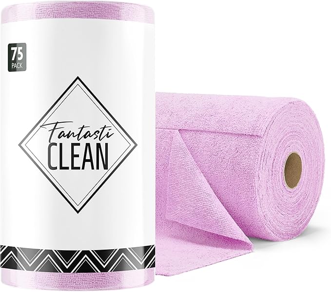 Fantasticlean Microfiber Cleaning Cloth Roll -75 Pack, Tear Away Microfiber Towels, 12" x 12", Reusable, Washable, Scratch Free, Ultra Absorbent Dish Rags for Car, Home, Garage or Shop (Purple)