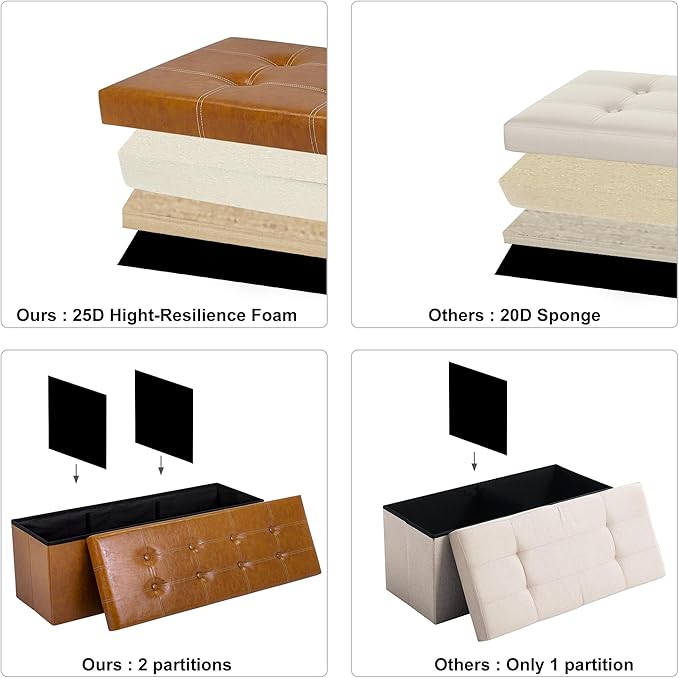 43 Inches Folding Storage Ottoman Bench, PU Leather Storage Chest, Footrest Padded Seat for Bedroom and Hallway, Holds up to 660 lbs, Light Brown