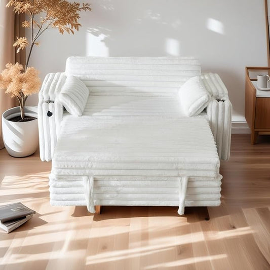 57-Inch Velvet Full Size Sleeper Sofa Couch with Pullout Bed,Convertible Pull Out with Golden Decorative Strip and Adjustable Backrest for Small Spaces,Apartment, Guest Room, RV (1109White)