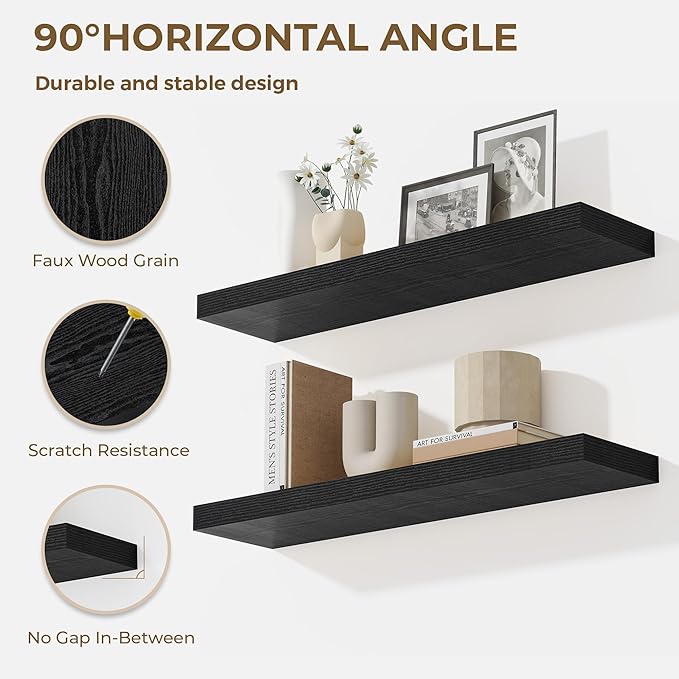 48 Inches Floating Shelves for Wall, 9.3" Deep Long Floating Shelves Set of 1, Large Display & Storage Shelf, Wall Shelf for Bathroom Bedroom Living Room Kitchen Office, Black