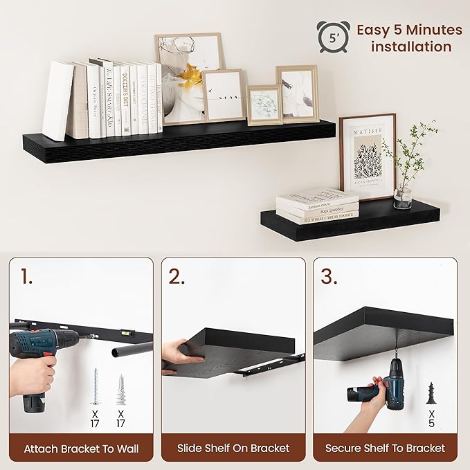 Black Floating Shelves for Wall 55 Inches Long, 12" Deep Wall Shelves 2" Thick, Heavy Duty Shelf for Bedroom, Bathroom, Living Room, Kitchen, Office, Home Decor, Modern Shelf Set of 2, 55" X 12" X 2"