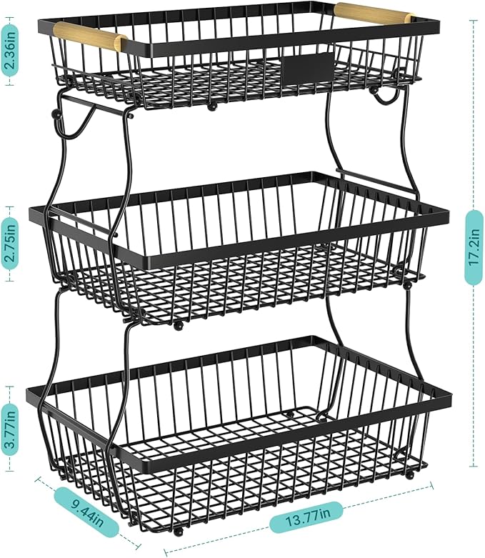3 Tier Fruit Basket for Kitchen Counter with 2 Banana Hangers, Countertop Metal Fruit Bowl with Wooden Handle, Large Storage Stand for Vegetables, Snacks, Breads, Produce Storage – Black
