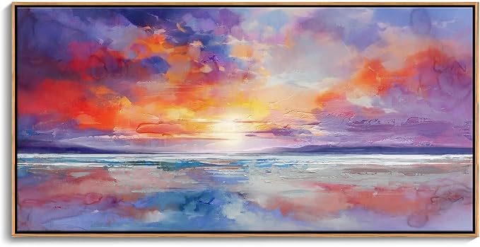 DUNHUANG ART Vibrant Orange Sunset Wall Art - Colorful Ocean Abstract Beach Decor for Living Room & Bathroom - Large Framed Coastal Seascape Picture - Ocean Sunrise Poster for Home Decoration 20"x40"