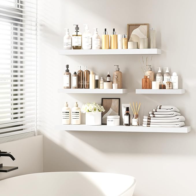 Fun Memories 24 Inch Floating Shelves - Deep Rustic White Wooden Wall Shelves - Extra Deeper & Thicker Wall Mounted Storage Shelf for Bedroom, Kitchen, Farmhouse - 2 Pack, Rustic White