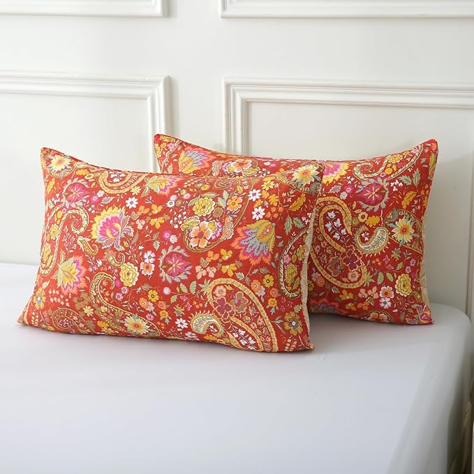 ABREEZE Paisley Bedding Sets 3Pcs Brushed Cotton Duvet Cover Set Queen Size Rustic Damask Red Floral Comforter Cover with Zipper Closure Boho Bedding Collections