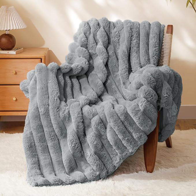 BEDELITE Faux Fur Throw Blanket for Couch, Soft and Cozy Luxurious 3D Striped Fluffy Blanket, 770GSM Thick Warm Plush Fuzzy Faux Rabbit Fur Blanket for Women Gift (Crey, 50"x 60")