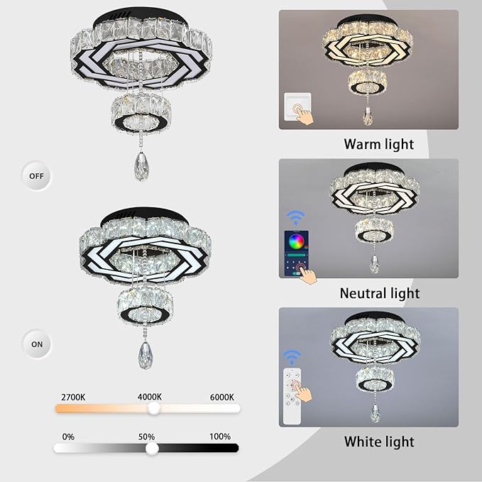 Flashing God Small Crystal Chandeliers Dia 12" Black Chandelier Flush Mount Ceiling Light for Bedroom Living Room Dining Room Hallway Dimmable 3 Rings LED Celing Lighting Fixtures